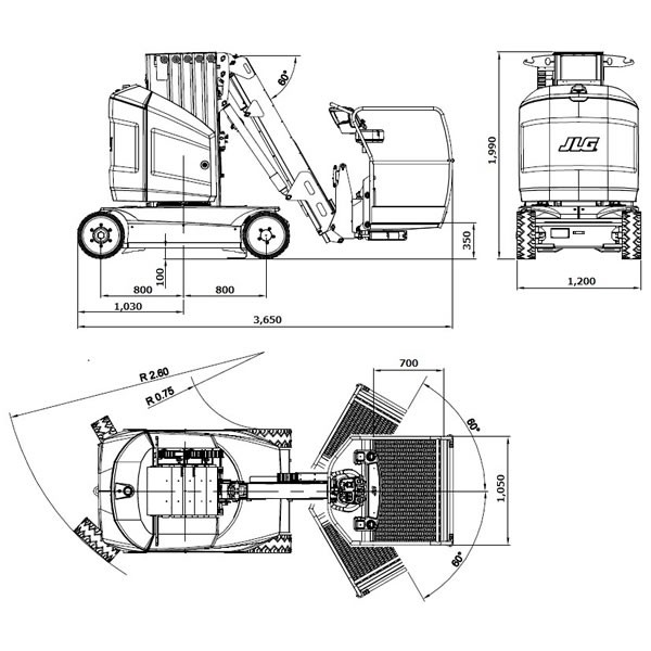 高所作業車／ホイール 9.9m屈伸式/バッテリー T12E 仕様図2