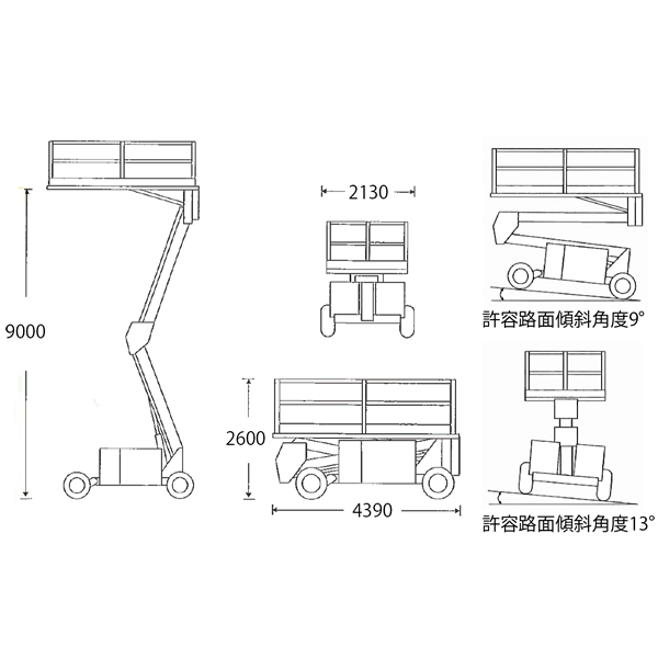 傾斜地用高所作業車/Hテーブル 9m屈伸式エンジン SL30SL 仕様図